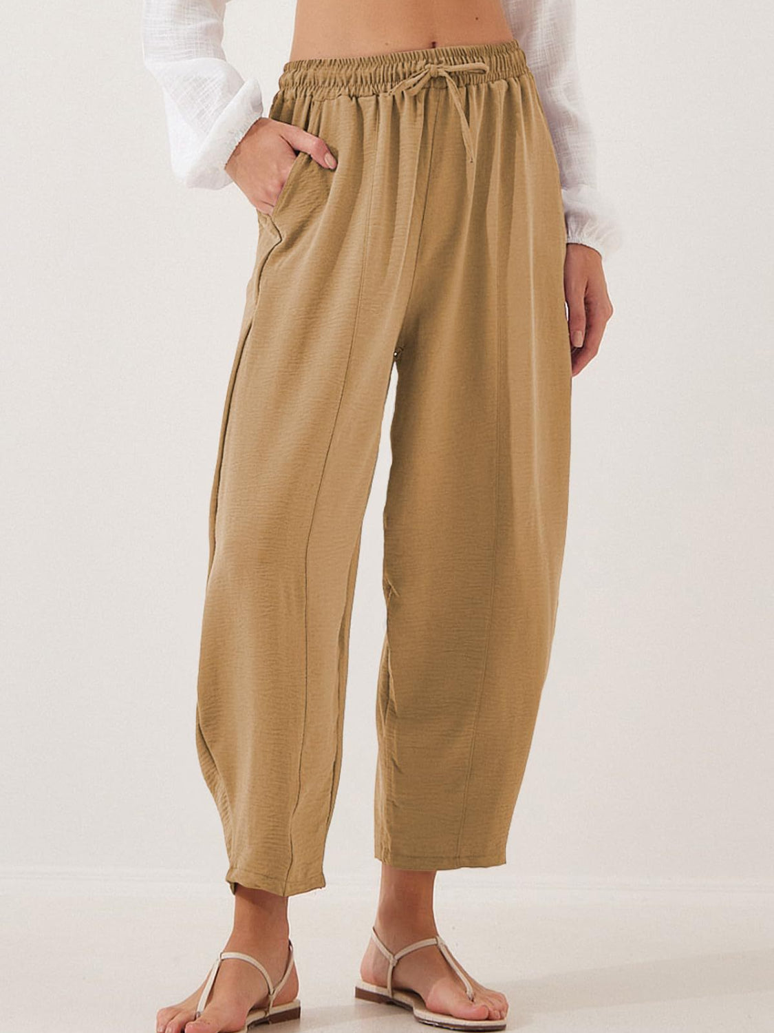 Drawstring cropped jogger pants plus size with pockets, opaque.
