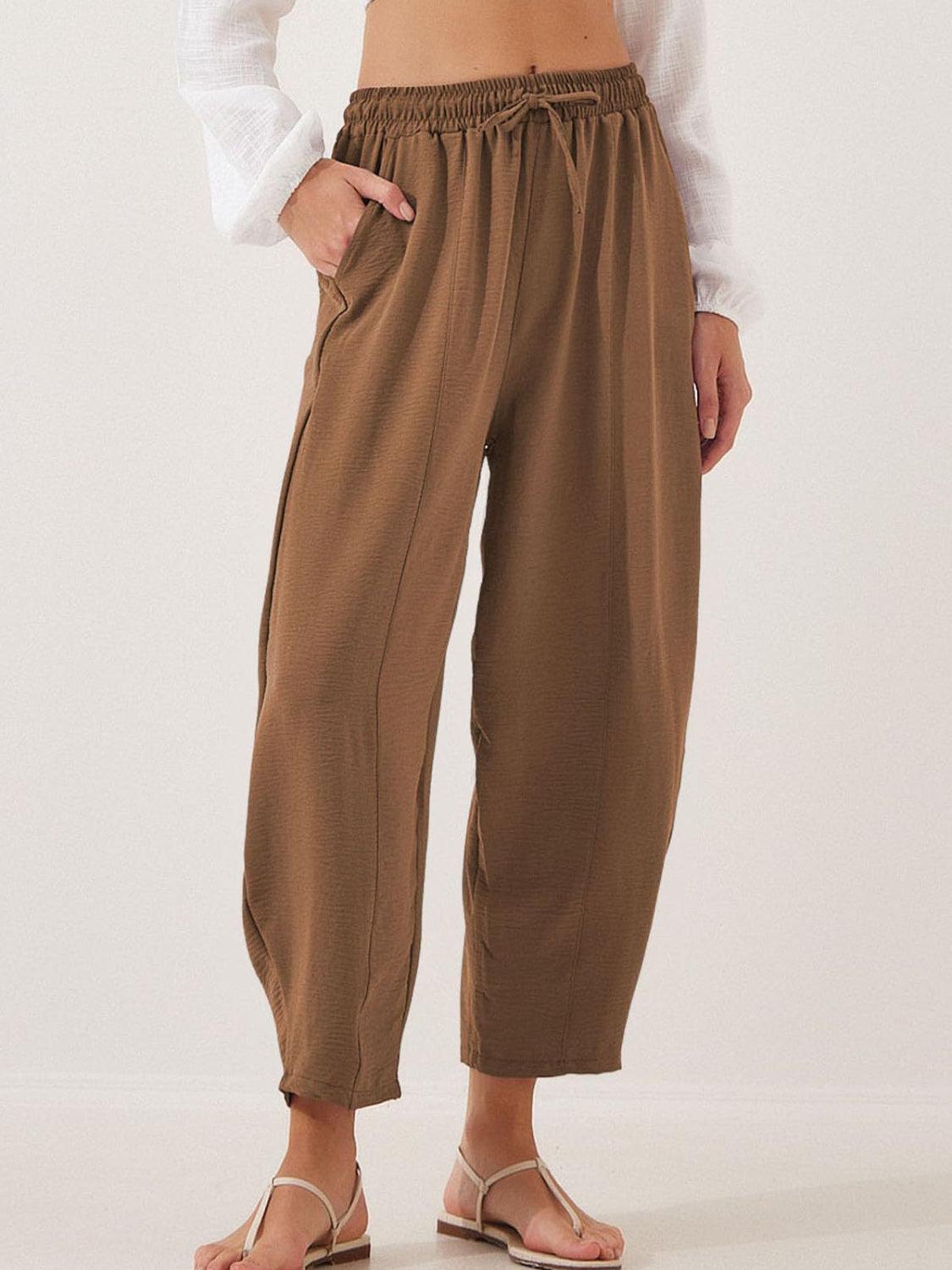 Drawstring cropped jogger pants plus size with pockets, opaque.
