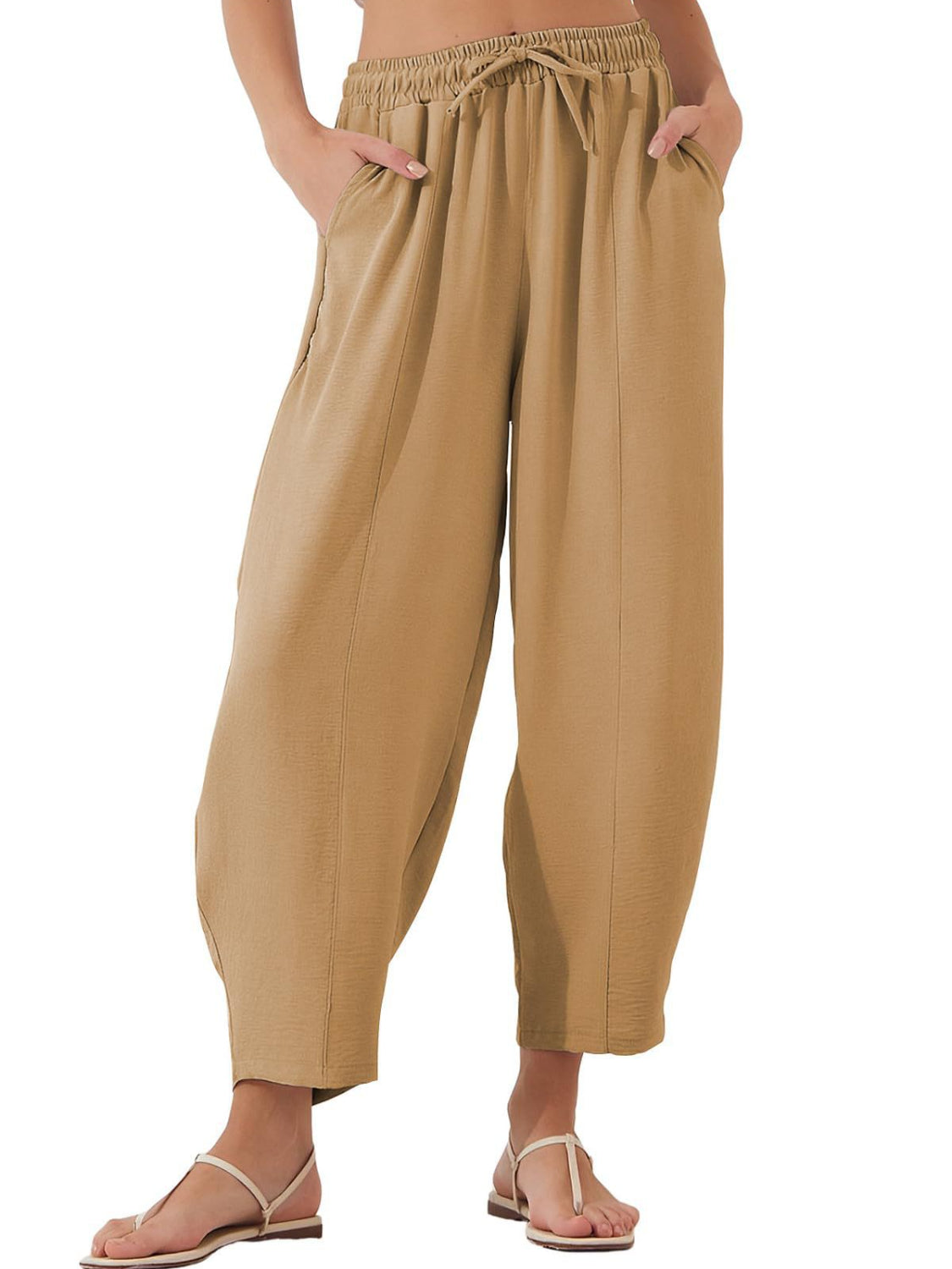 Drawstring cropped jogger pants plus size with pockets, opaque.