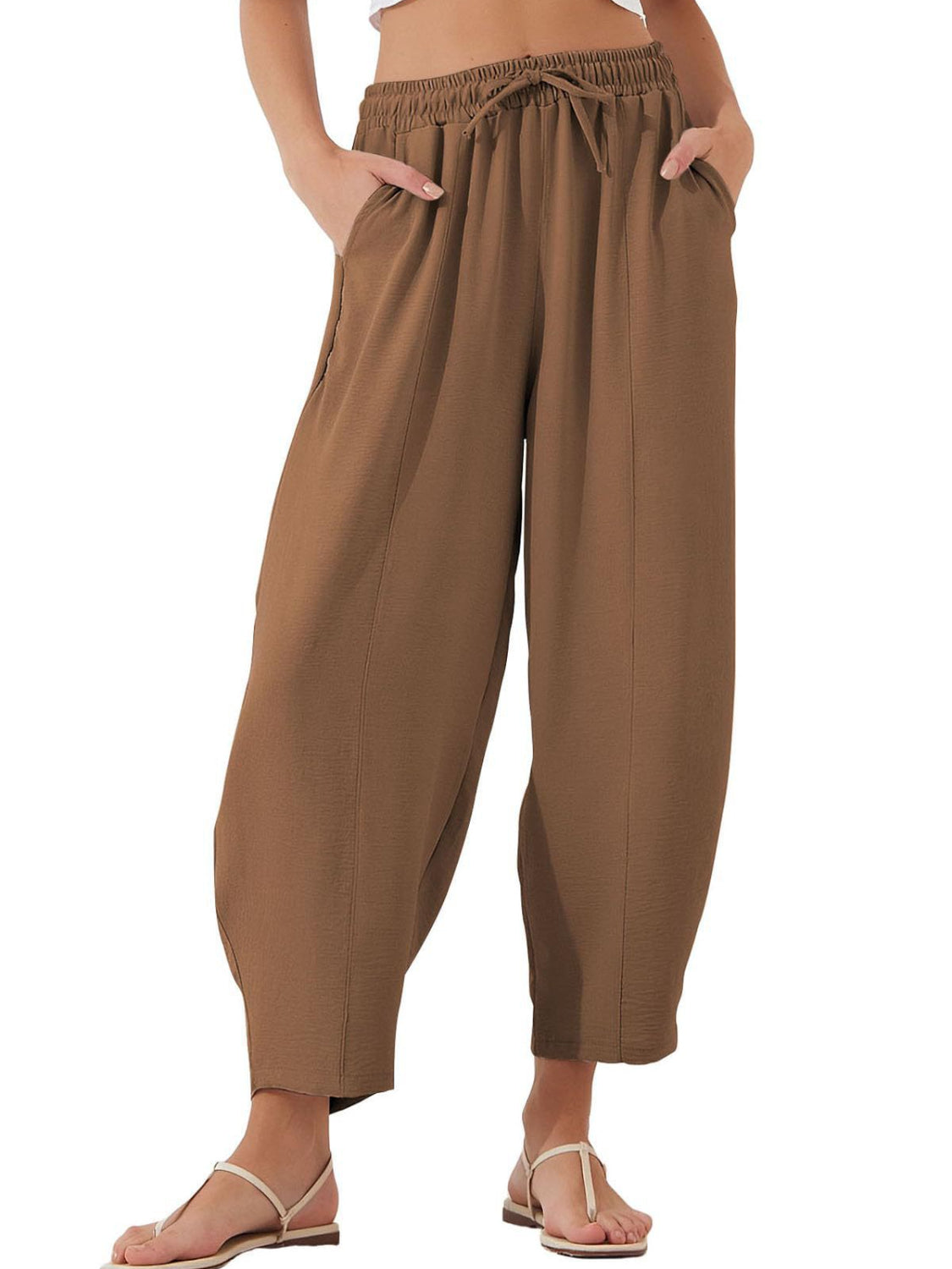 Drawstring cropped jogger pants plus size with pockets, opaque.
