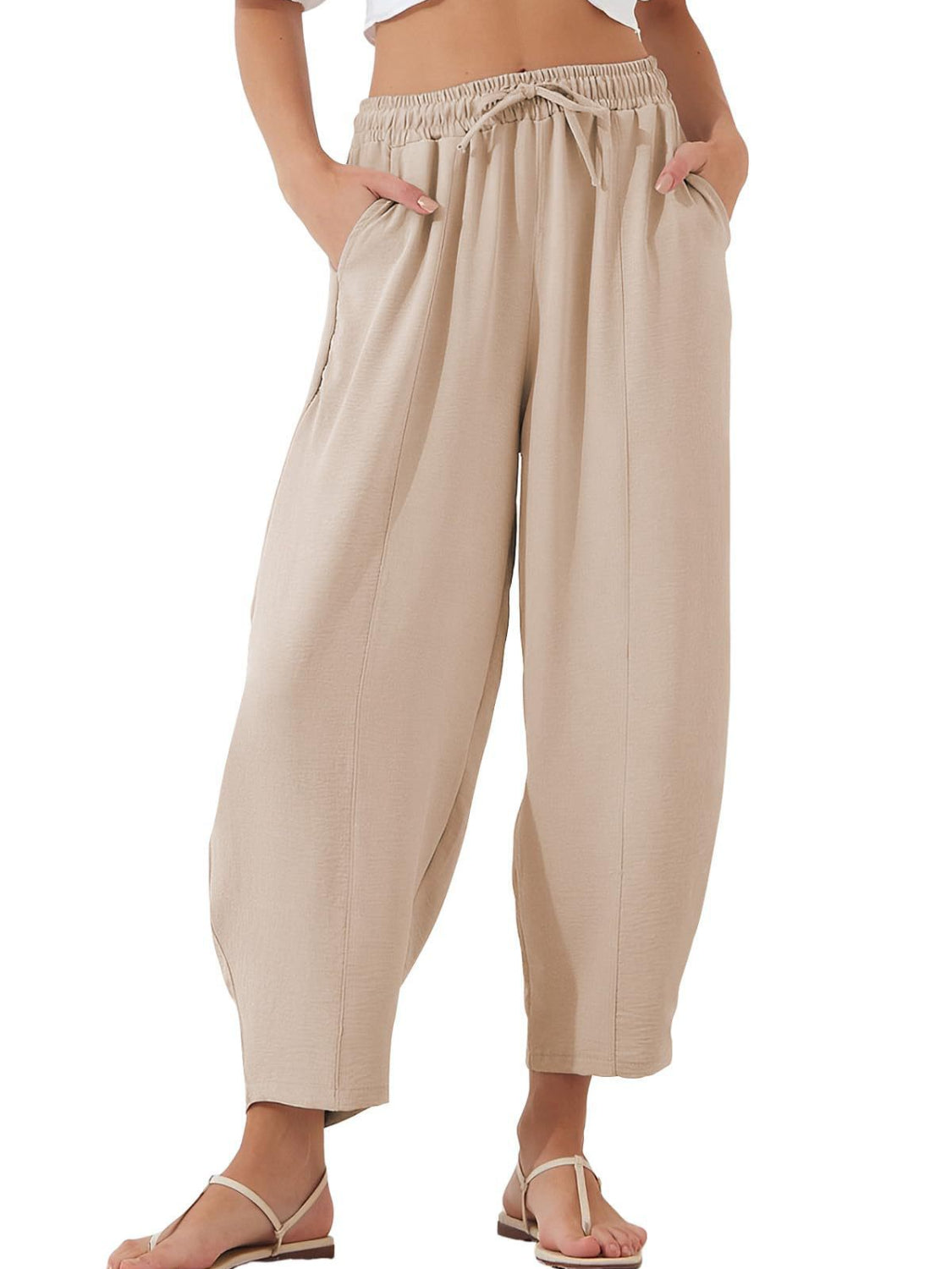 Drawstring cropped jogger pants plus size with pockets, opaque.