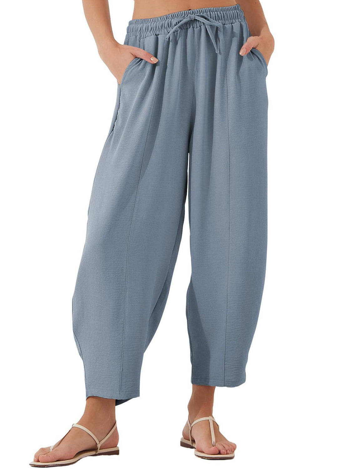 Drawstring cropped jogger pants plus size with pockets, opaque.