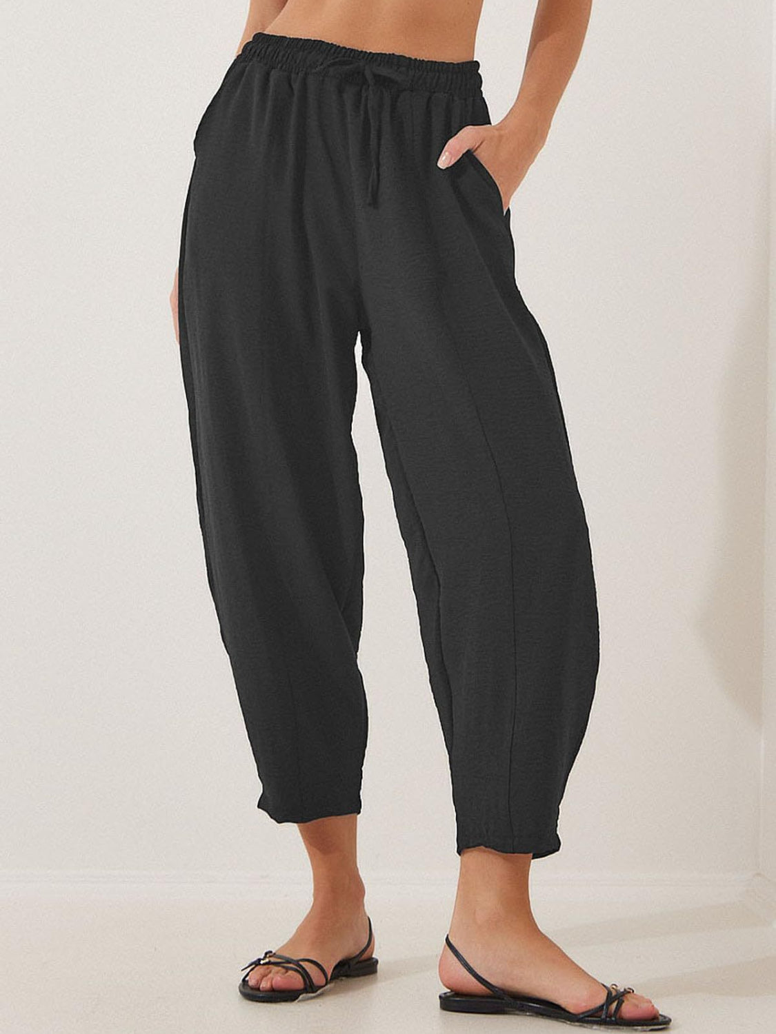 Drawstring cropped jogger pants plus size with pockets, opaque.