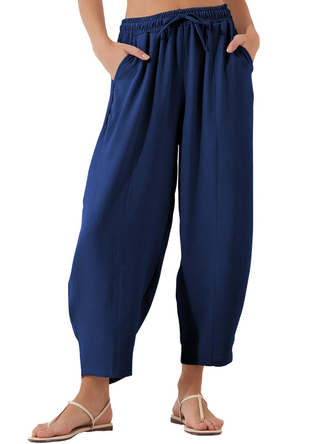 Drawstring cropped jogger pants plus size with pockets, opaque.