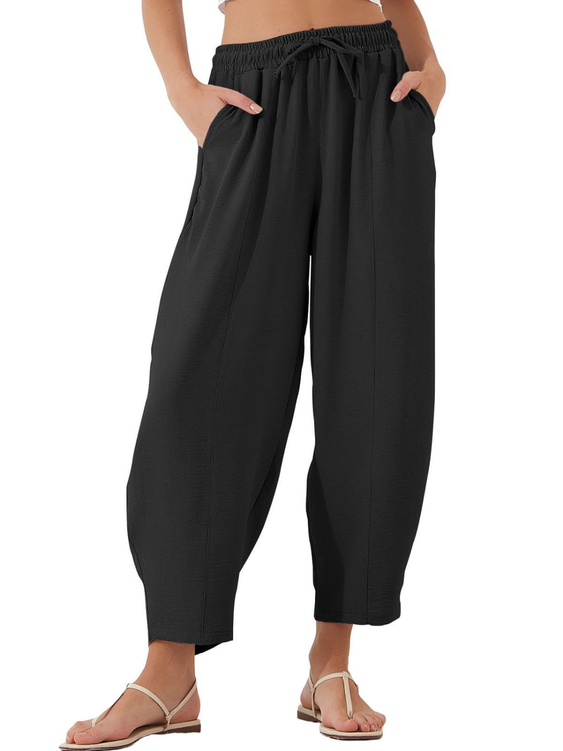Drawstring cropped jogger pants plus size with pockets, opaque.