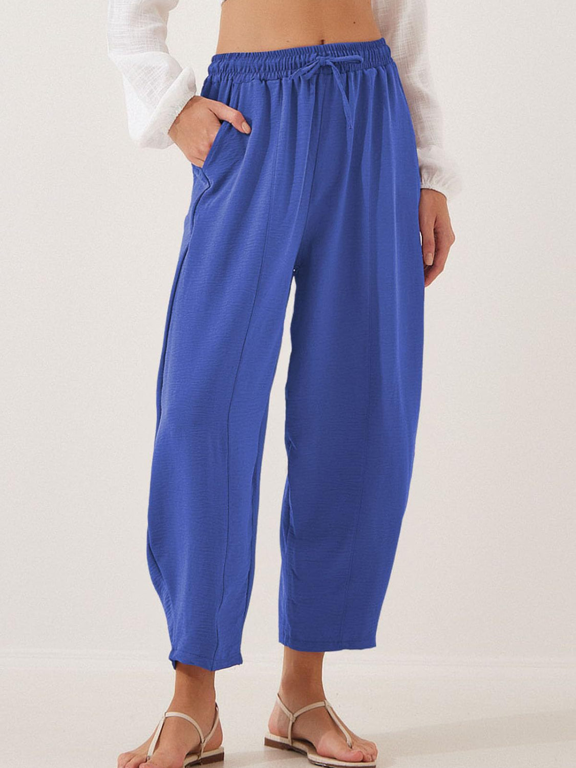 Drawstring cropped jogger pants plus size with pockets, opaque.