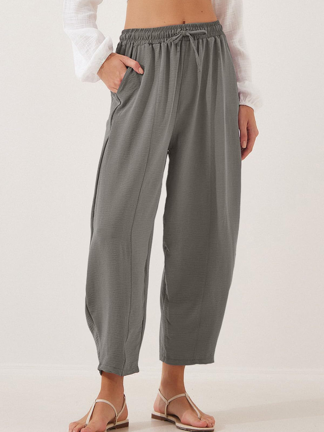 Drawstring cropped jogger pants plus size with pockets, opaque.