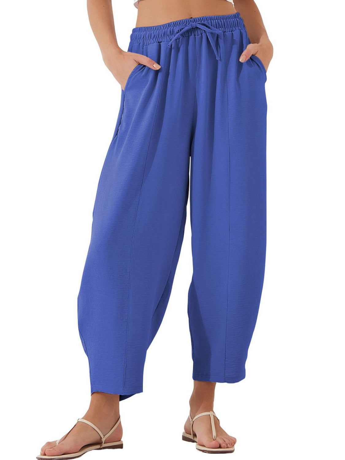 Drawstring cropped jogger pants plus size with pockets, opaque.