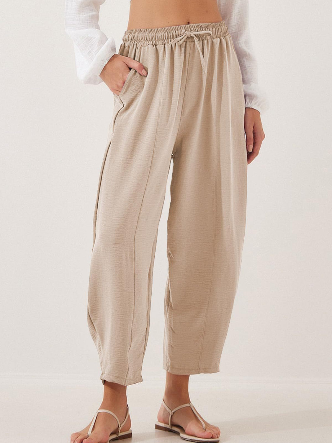 Drawstring cropped jogger pants plus size with pockets, opaque.