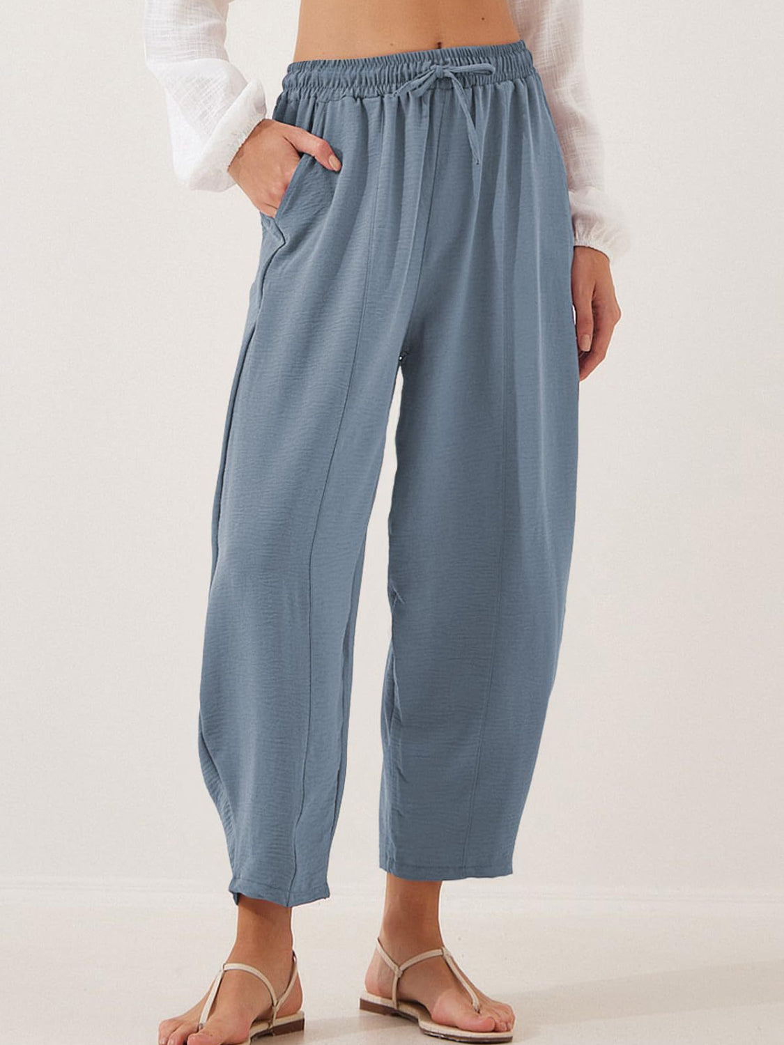 Drawstring cropped jogger pants plus size with pockets, opaque.