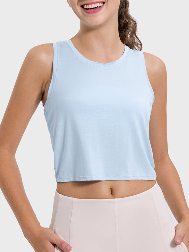 Drawstring cutout round neck active tank top.