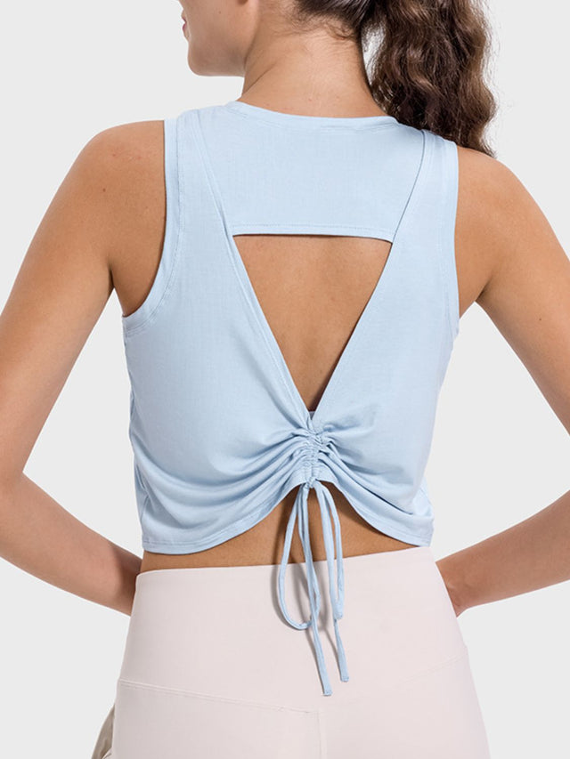 Drawstring cutout round neck active tank top.