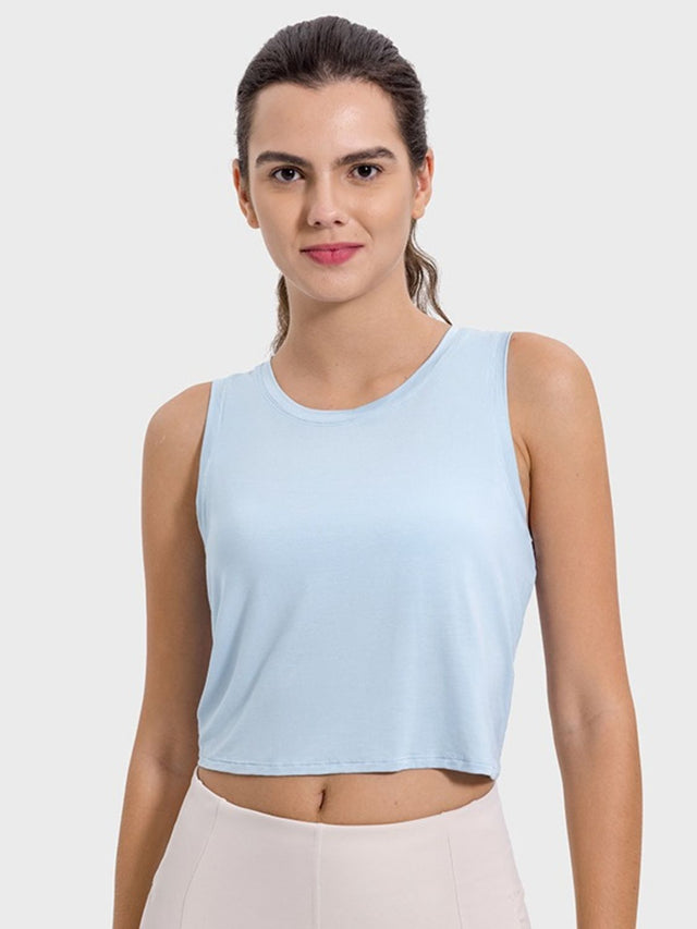 Drawstring cutout round neck active tank top.