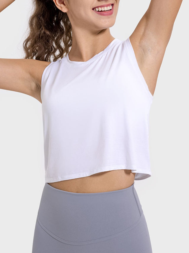 Drawstring cutout round neck active tank top.