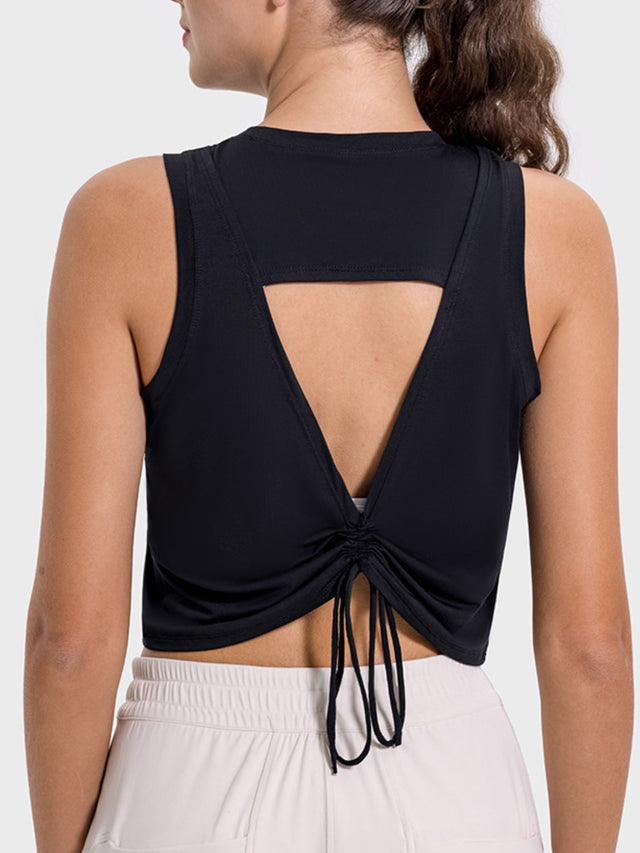 Drawstring cutout round neck active tank top.