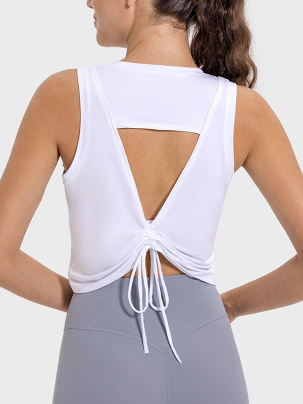 Drawstring cutout round neck active tank top.