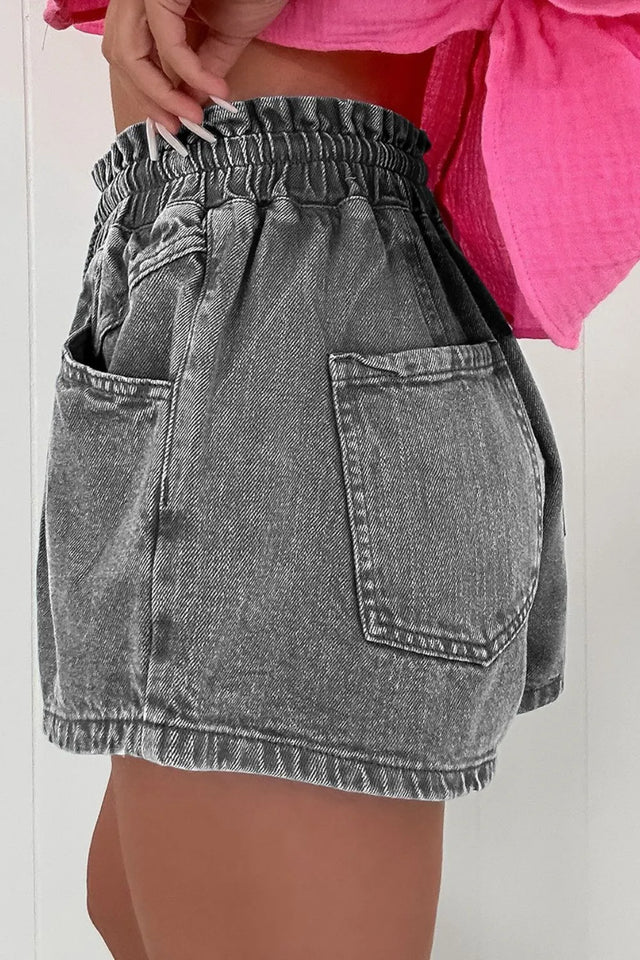 Drawstring denim shorts with pockets.
