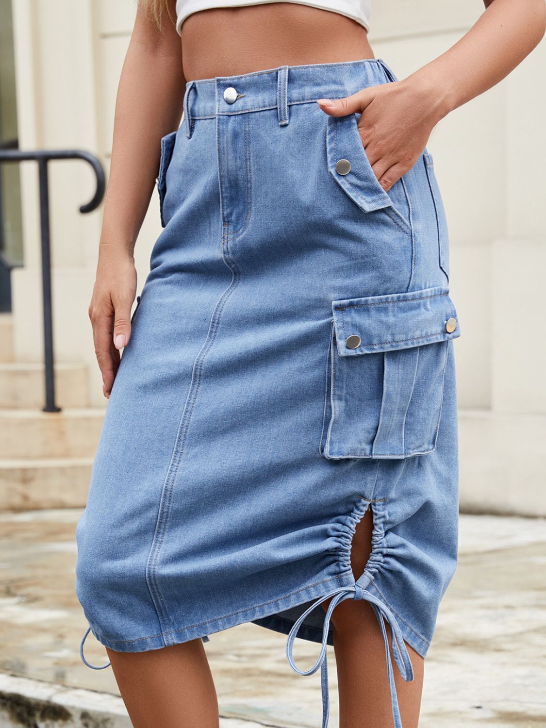 Drawstring Denim Skirt with Cargo Pockets.