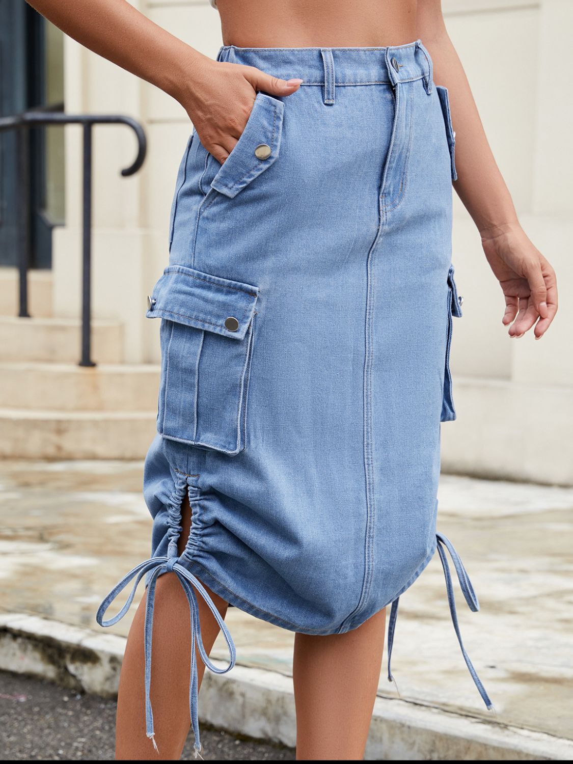 Drawstring Denim Skirt with Cargo Pockets.