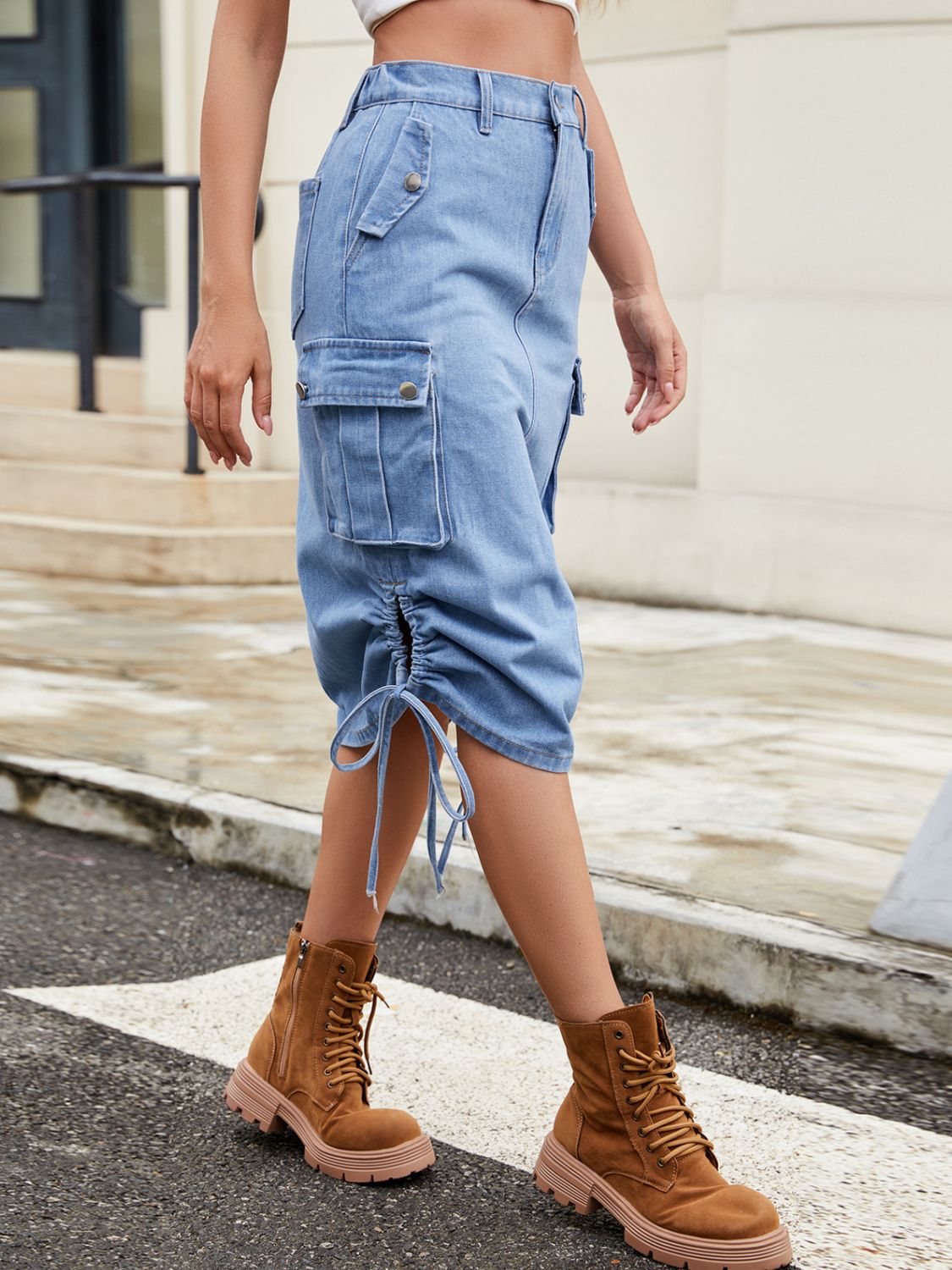 Drawstring Denim Skirt with Cargo Pockets.