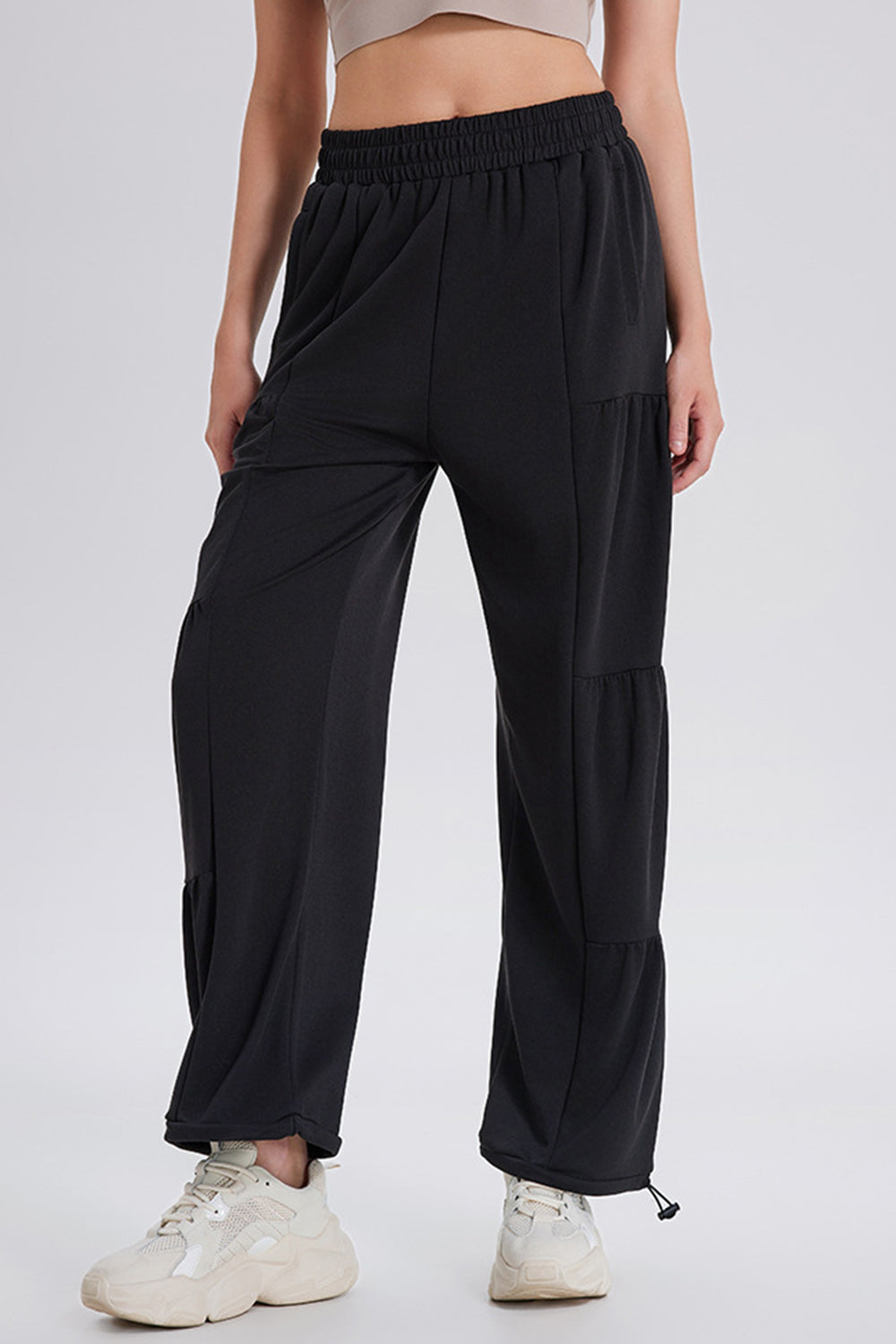 Drawstring elastic waist ruched joggers, opaque.