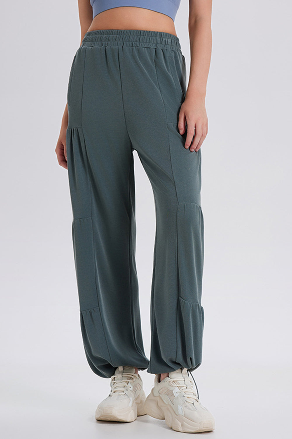 Drawstring elastic waist ruched joggers, opaque.