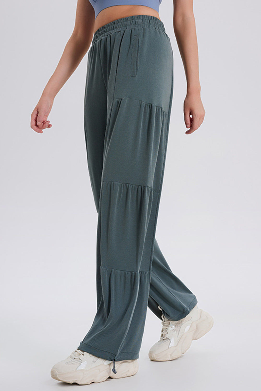 Drawstring elastic waist ruched joggers, opaque.