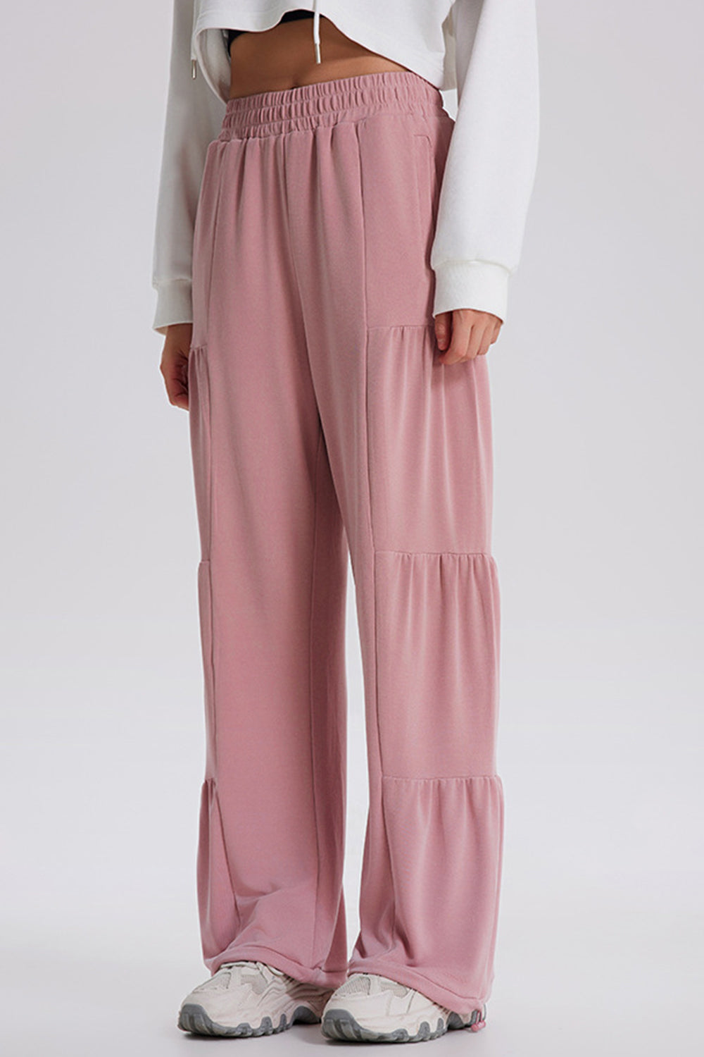 Drawstring elastic waist ruched joggers, opaque.