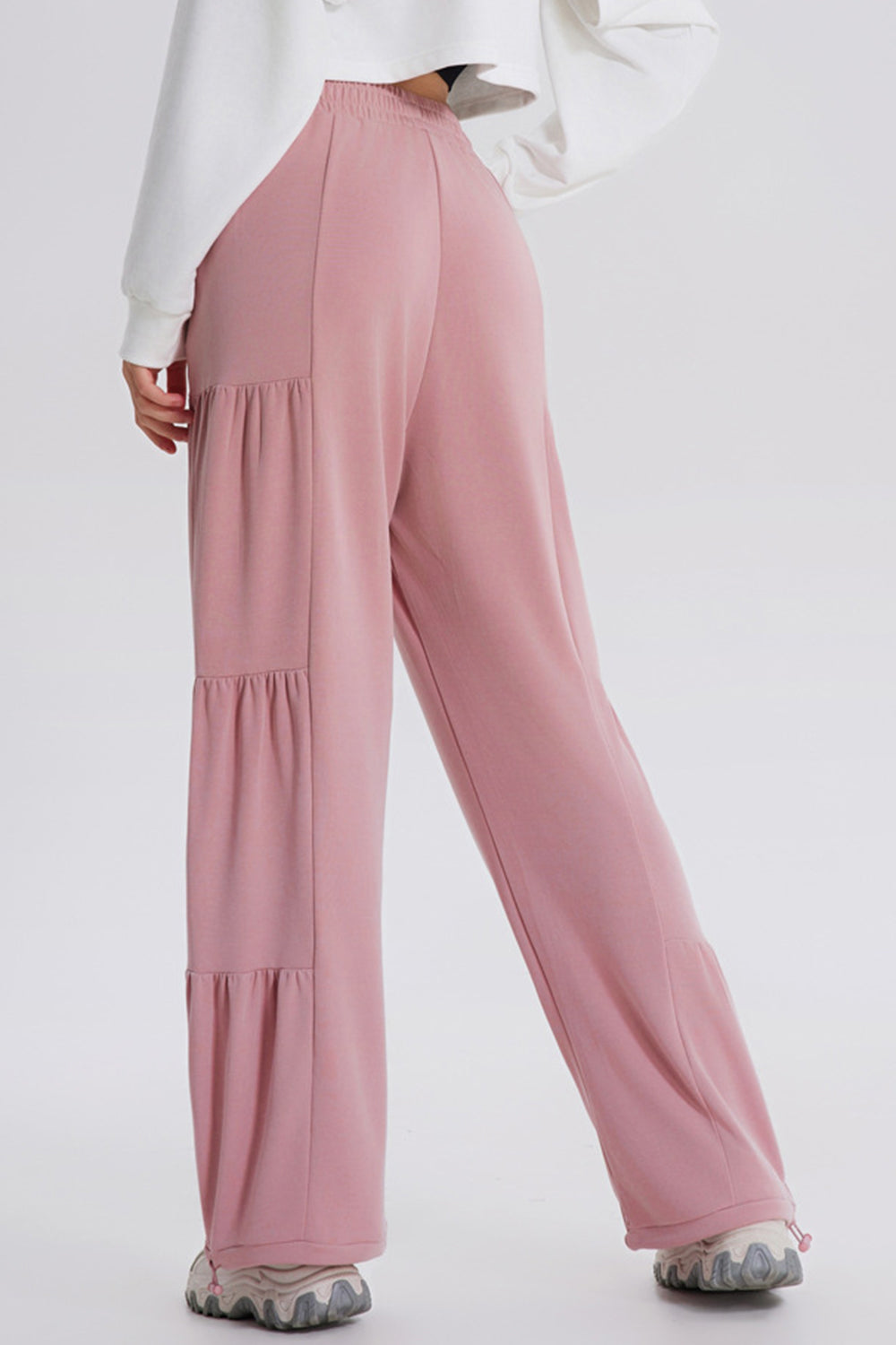 Drawstring elastic waist ruched joggers, opaque.