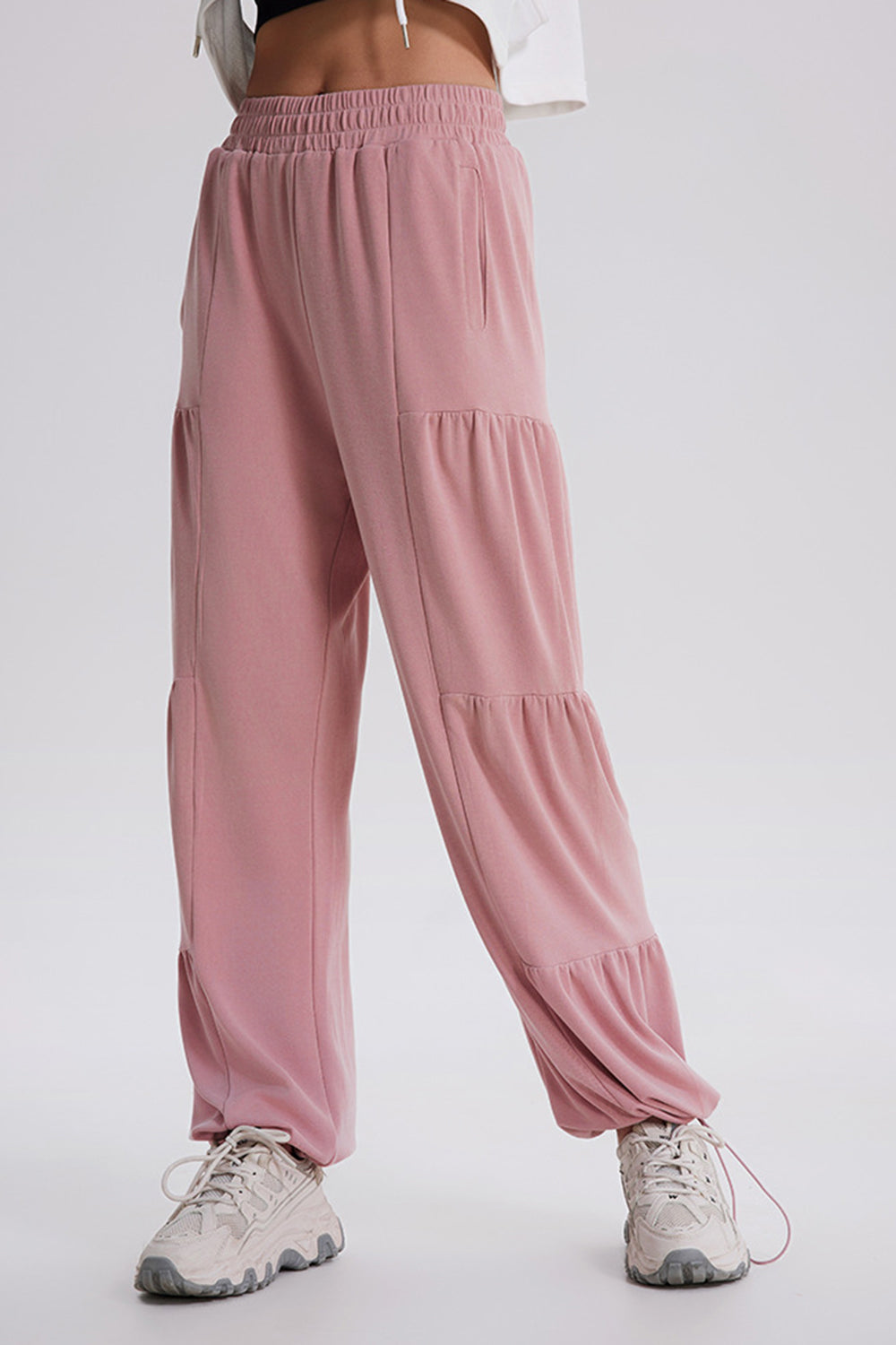 Drawstring elastic waist ruched joggers, opaque.