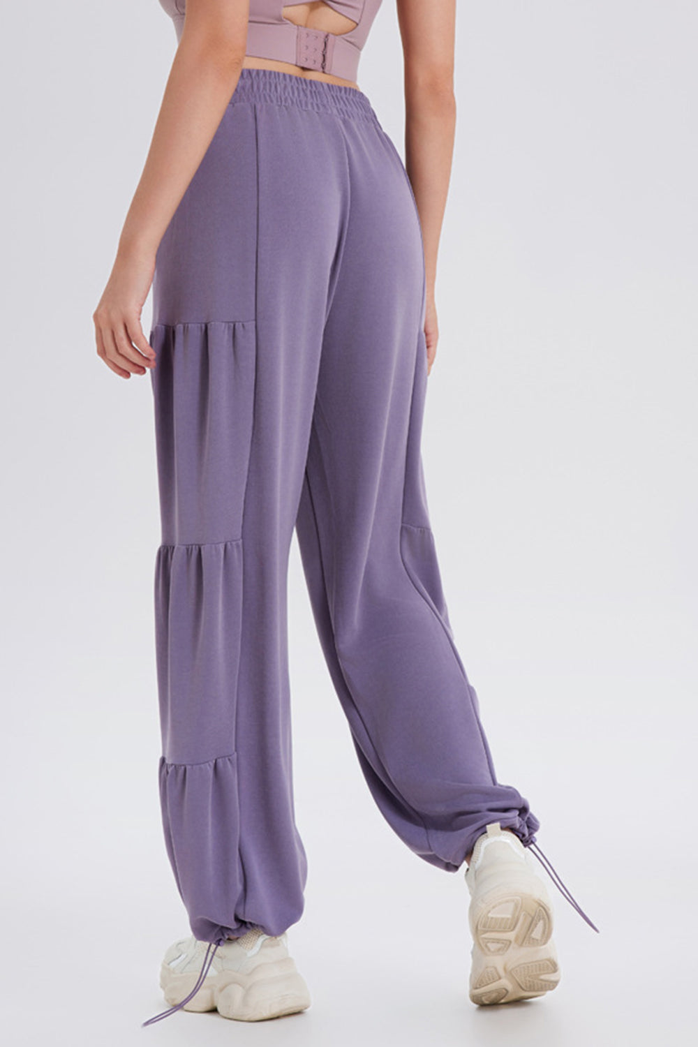 Drawstring elastic waist ruched joggers, opaque.