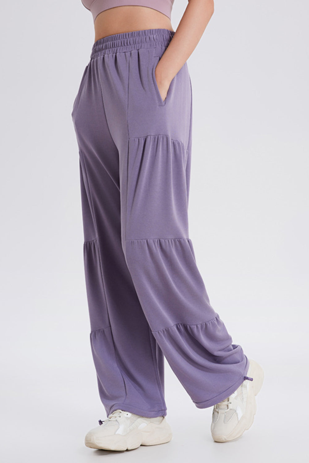 Drawstring elastic waist ruched joggers, opaque.