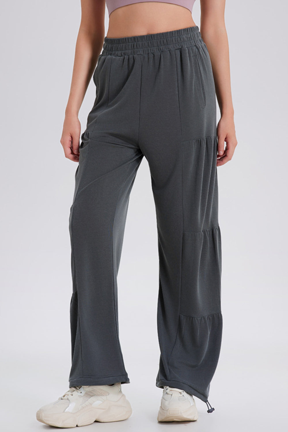 Drawstring elastic waist ruched joggers, opaque.