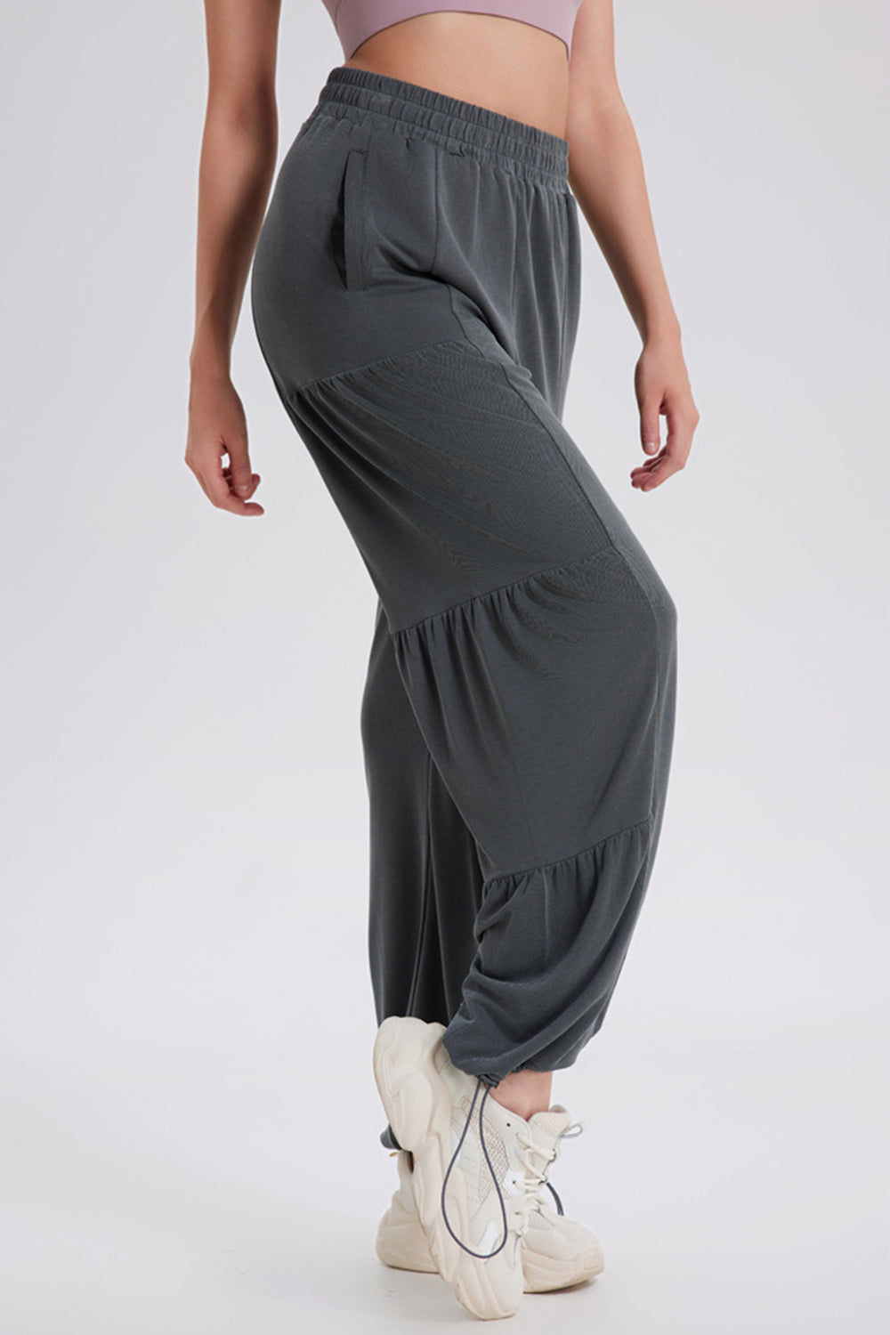 Drawstring elastic waist ruched joggers, opaque.