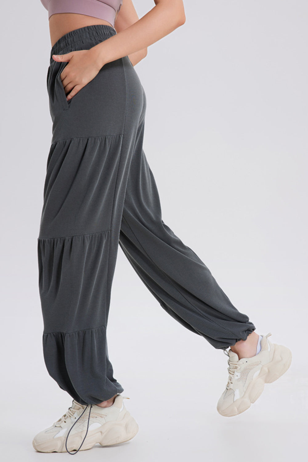 Drawstring elastic waist ruched joggers, opaque.