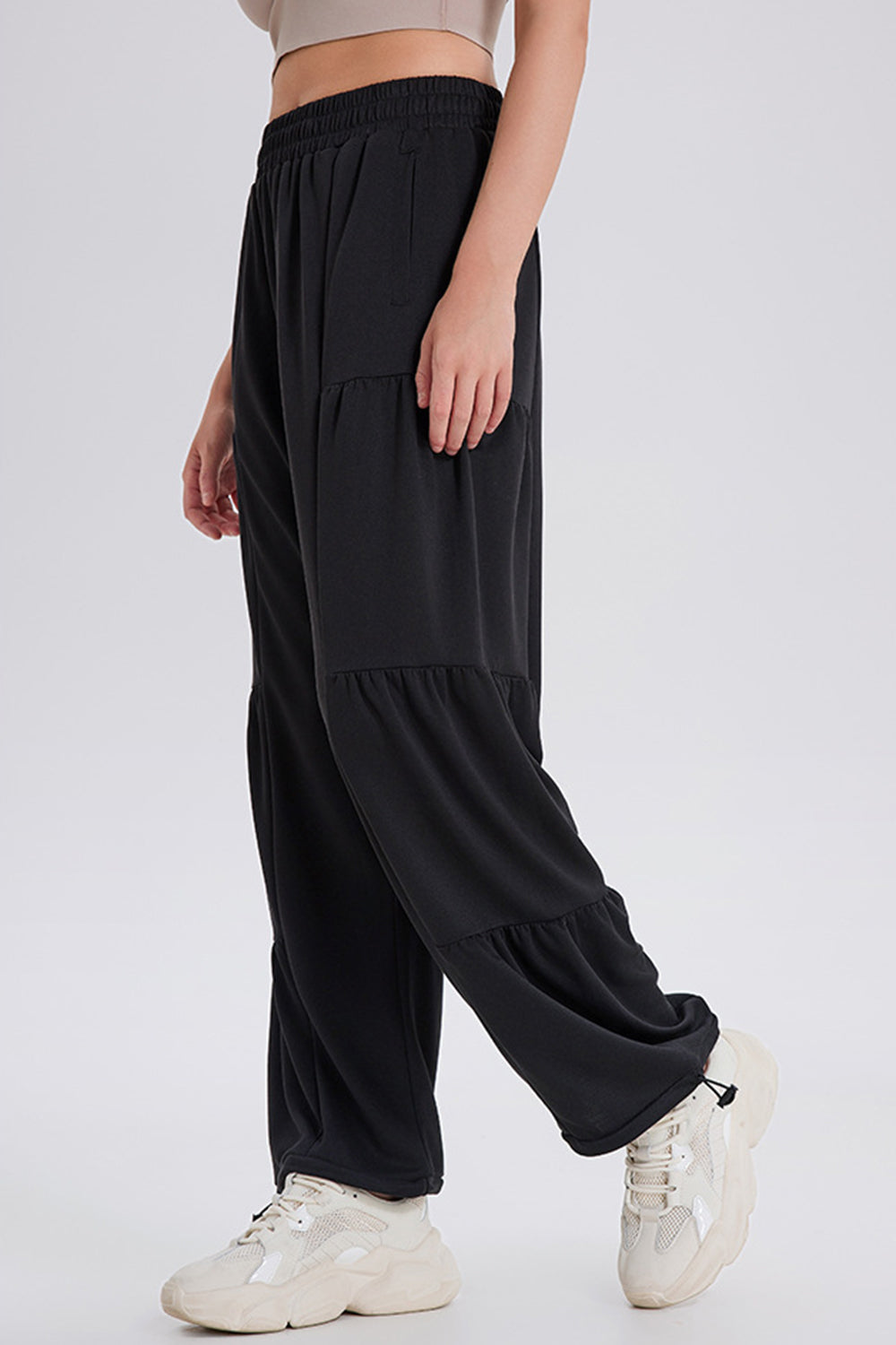 Drawstring elastic waist ruched joggers, opaque.