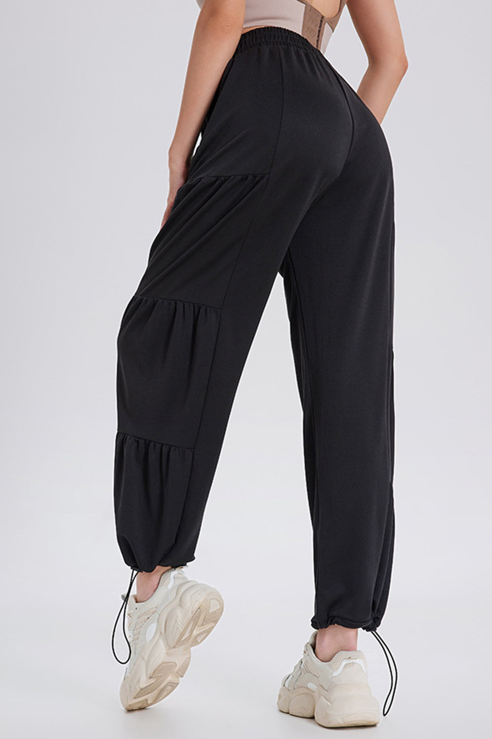 Drawstring elastic waist ruched joggers, opaque.