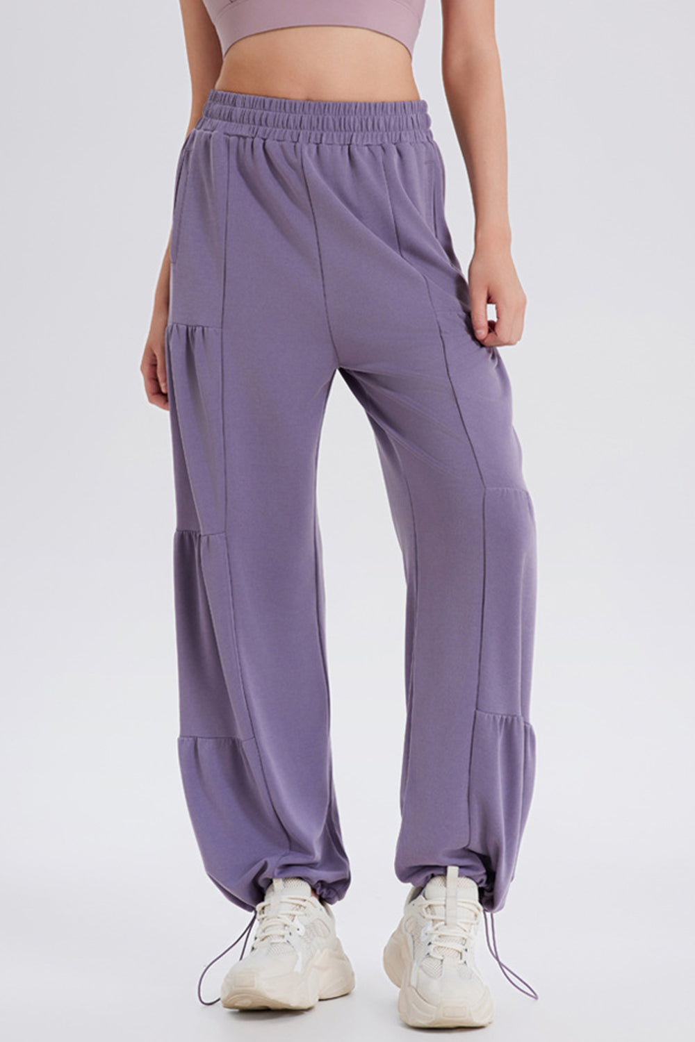 Drawstring elastic waist ruched joggers, opaque.
