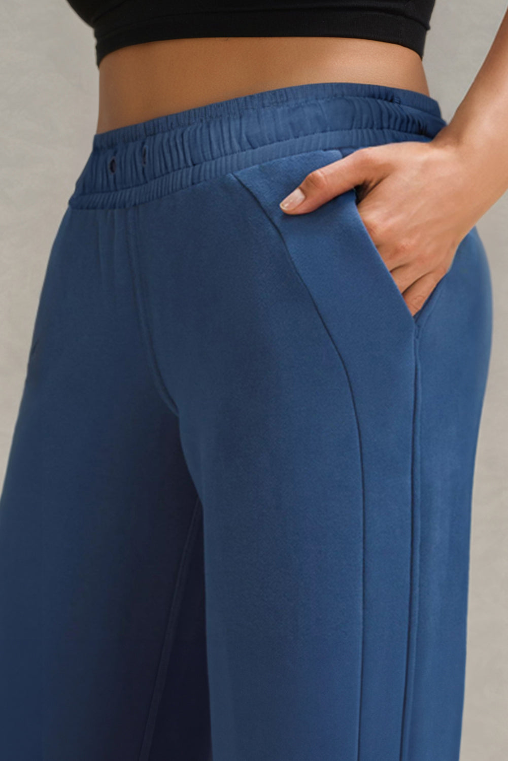 Drawstring elastic waist straight leg pants, opaque.