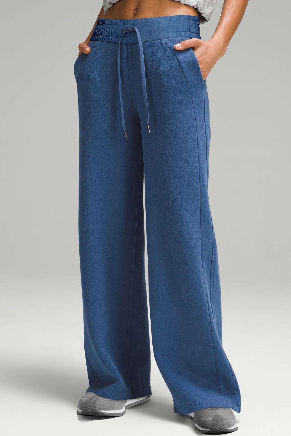 Drawstring elastic waist straight leg pants, opaque.