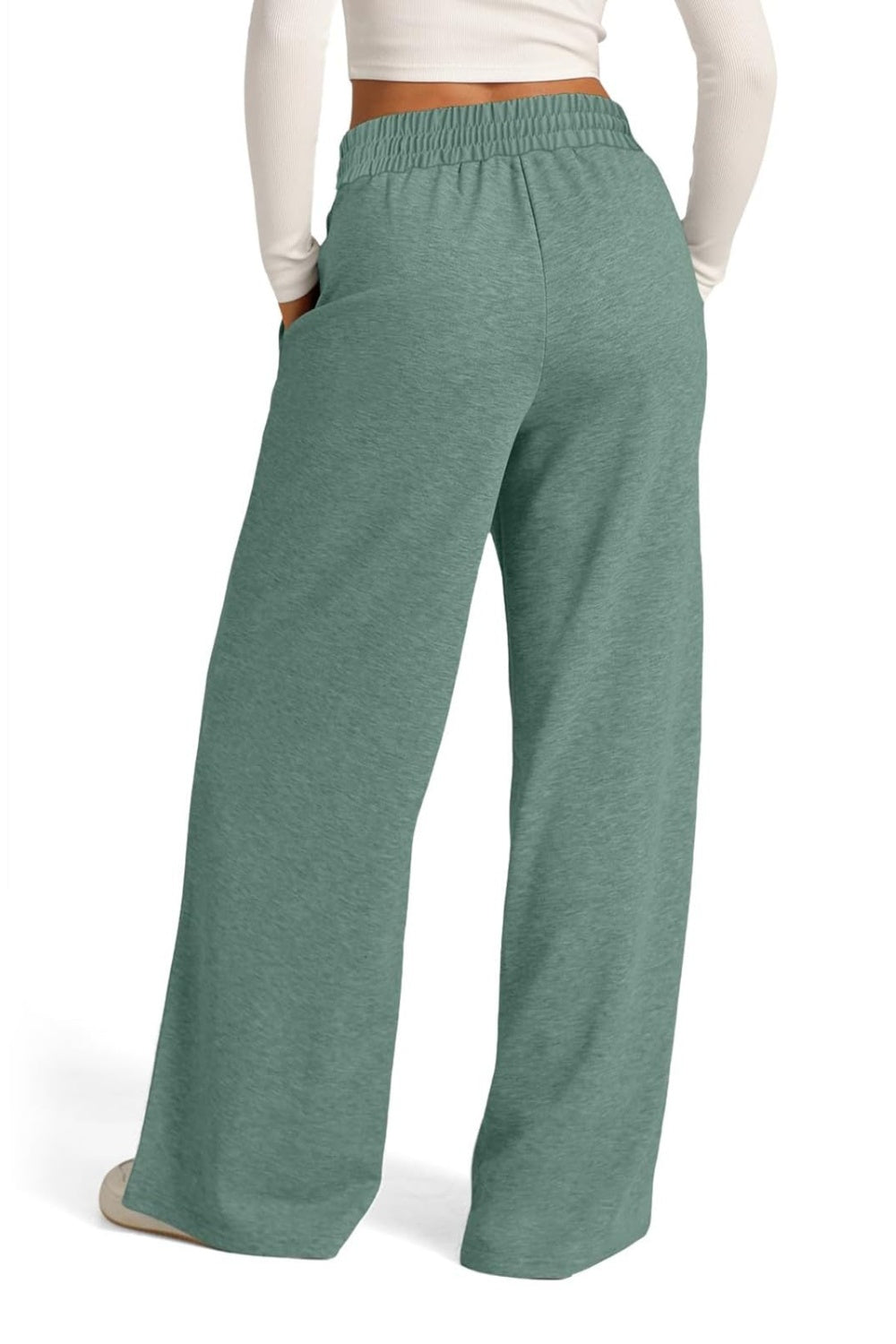 Drawstring elastic waist wide leg pants with pockets, opaque.