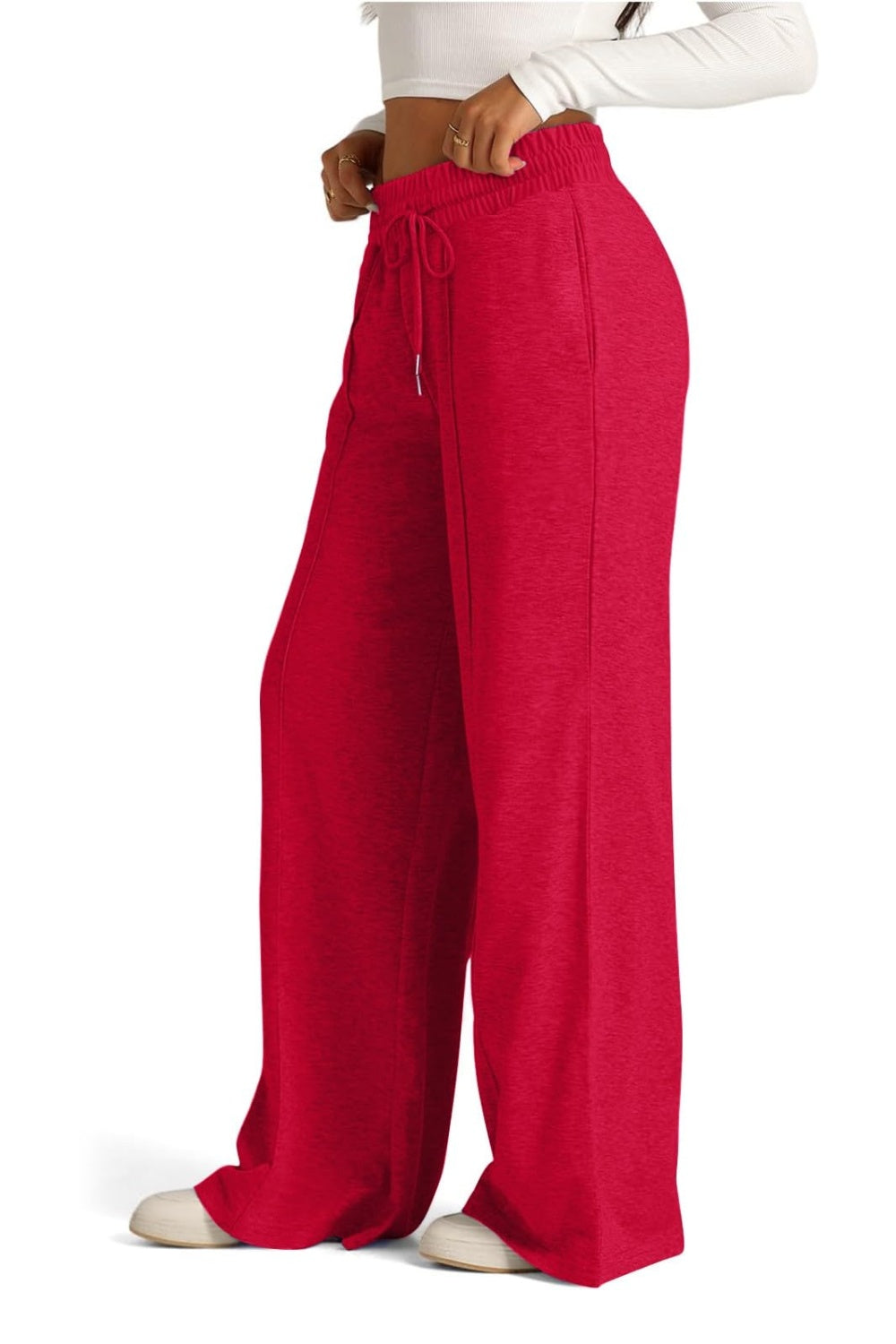 Drawstring elastic waist wide leg pants with pockets, opaque.