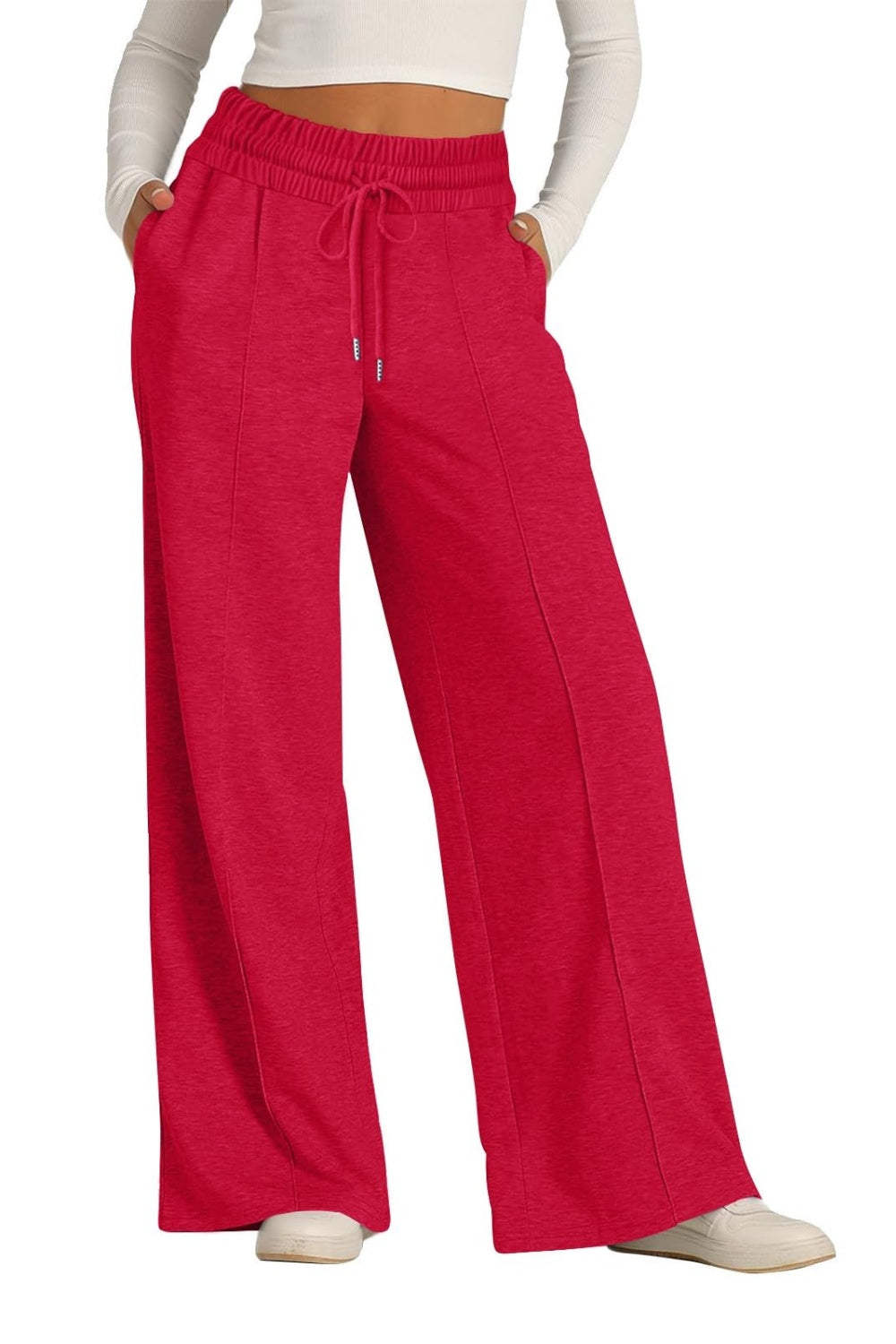 Drawstring elastic waist wide leg pants with pockets, opaque.