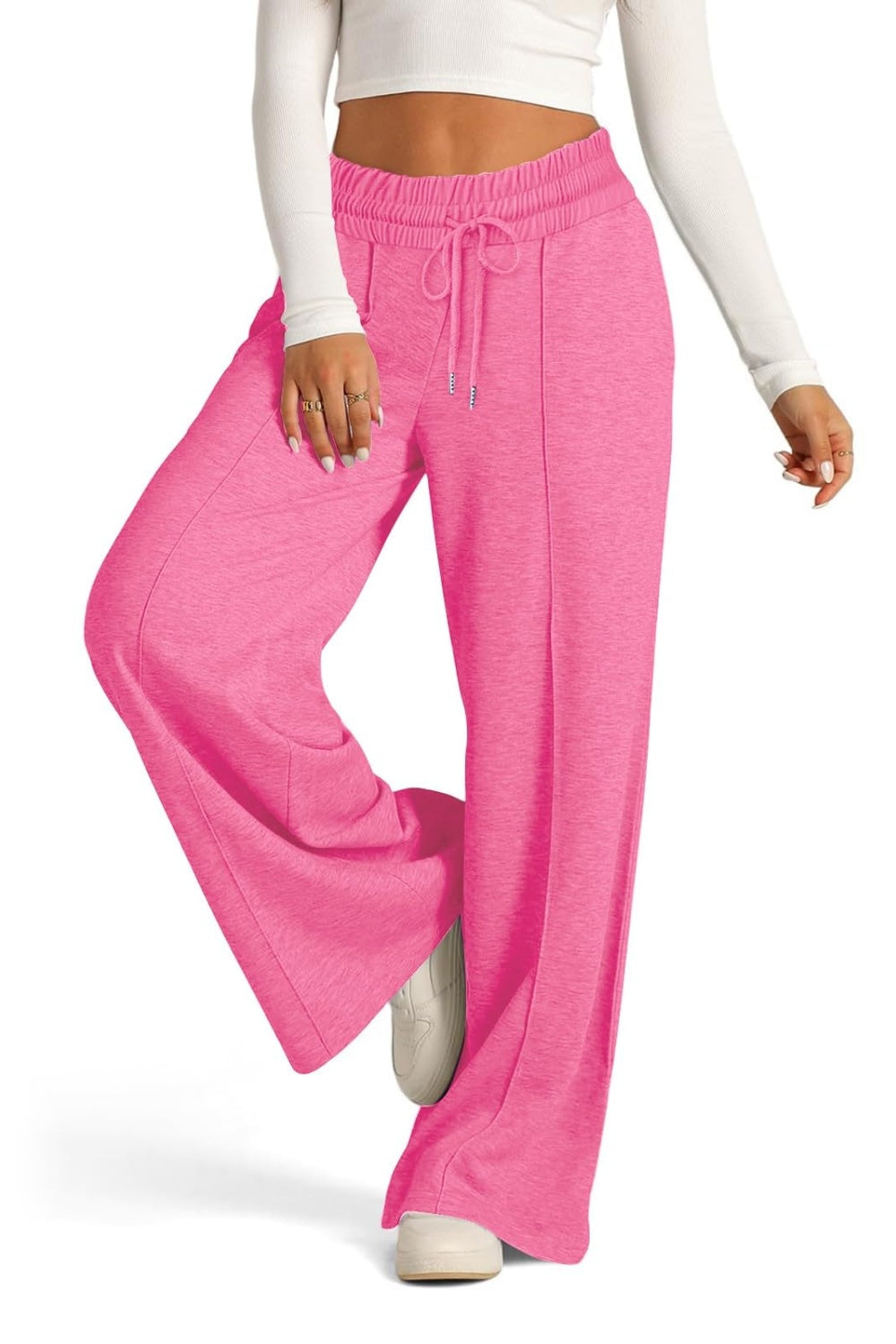 Drawstring elastic waist wide leg pants with pockets, opaque.