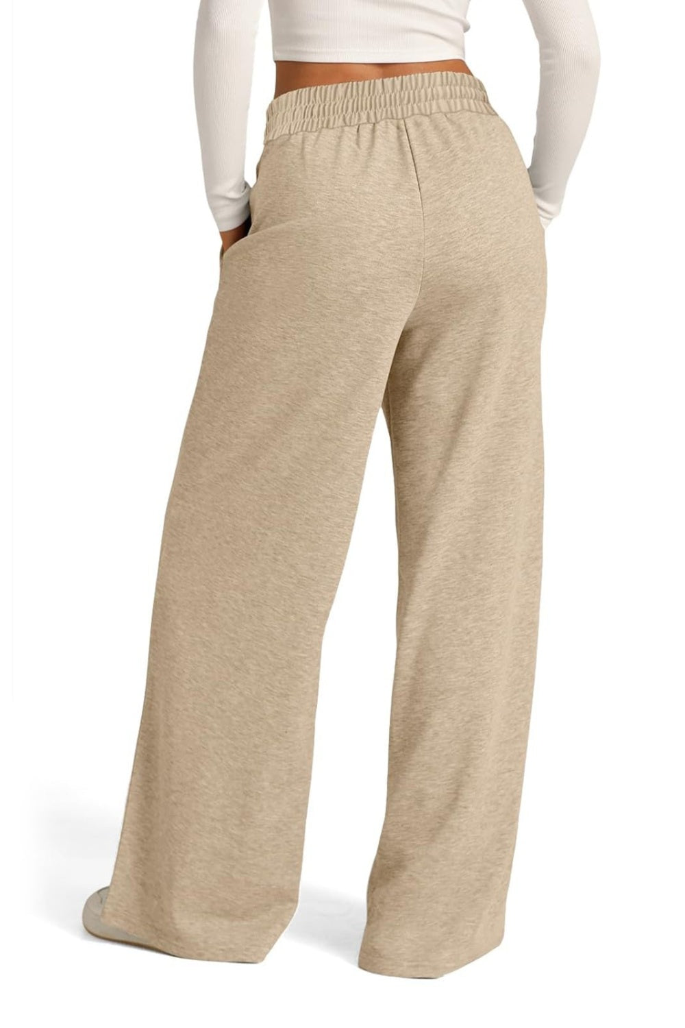 Drawstring elastic waist wide leg pants with pockets, opaque.