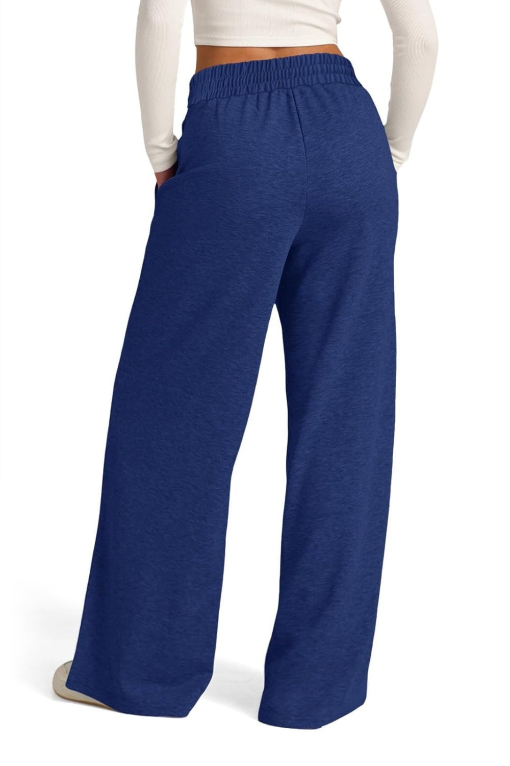 Drawstring elastic waist wide leg pants with pockets, opaque.