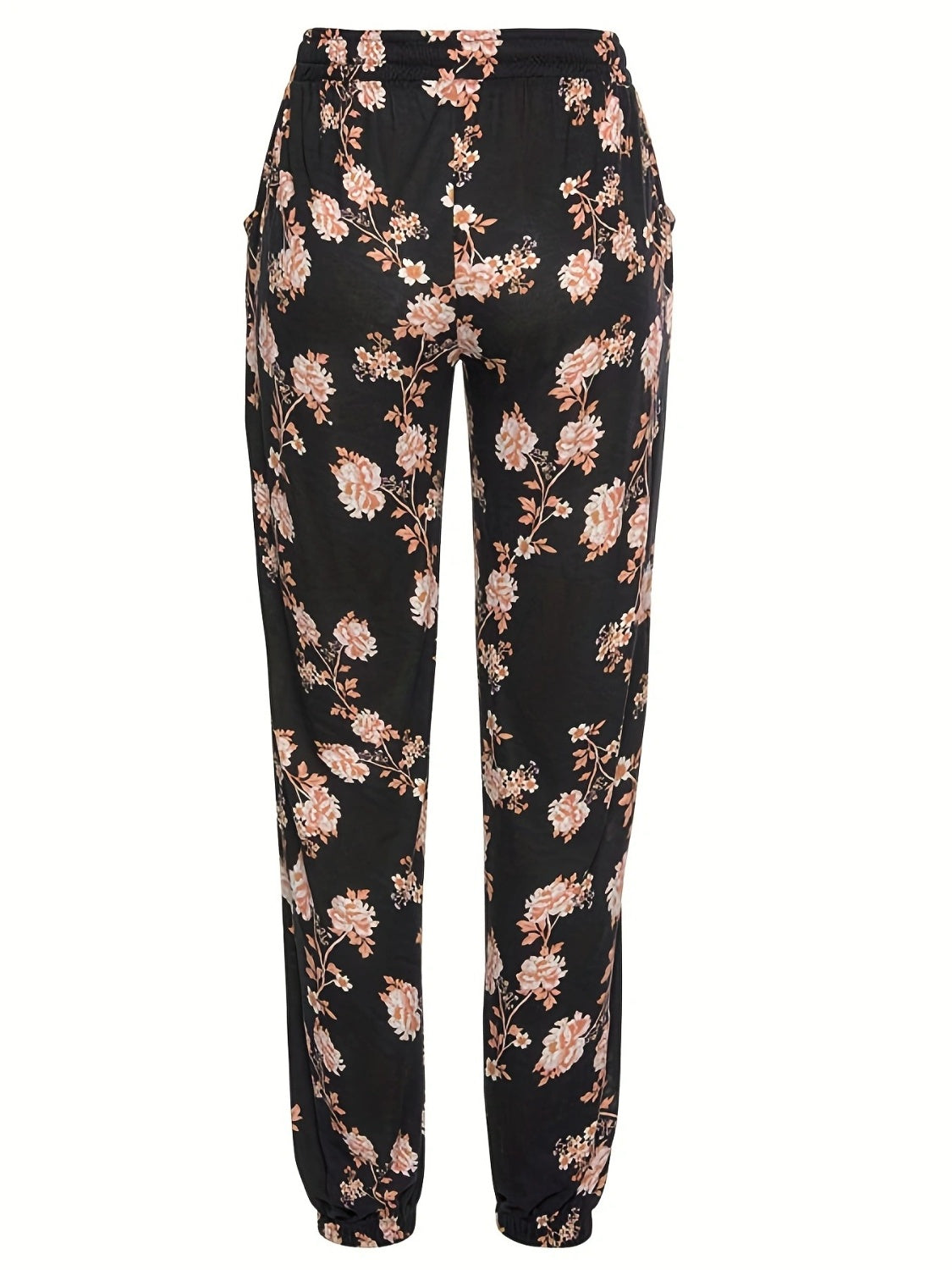 Drawstring flower pants with pockets, opaque.