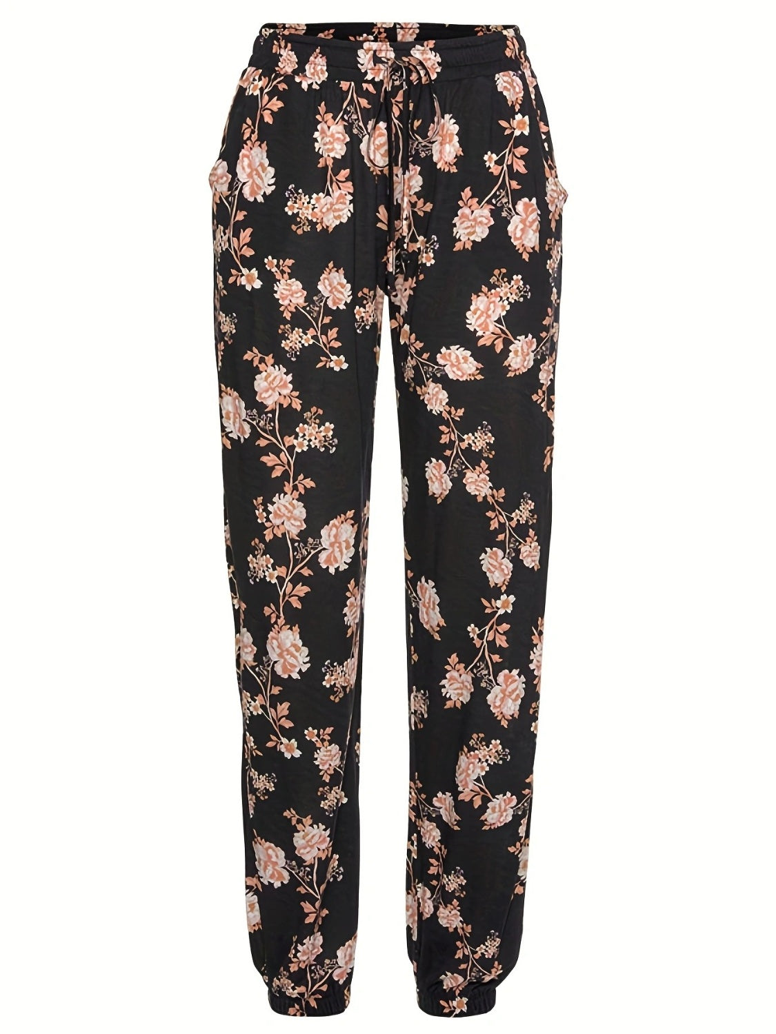Drawstring flower pants with pockets, opaque.
