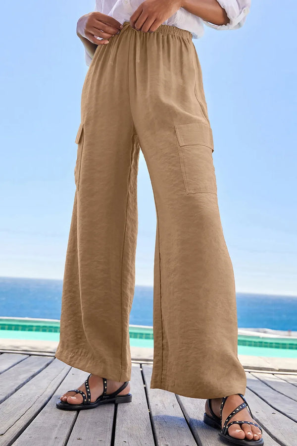 Drawstring frilled waist wide leg utility trousers with pockets.