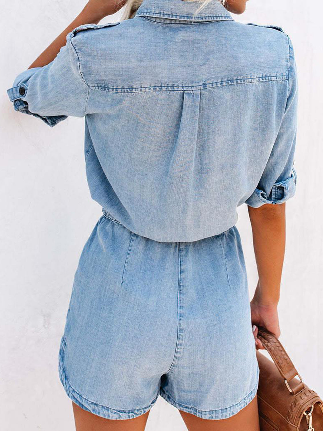 Drawstring Half Button Half Sleeve Denim Romper.